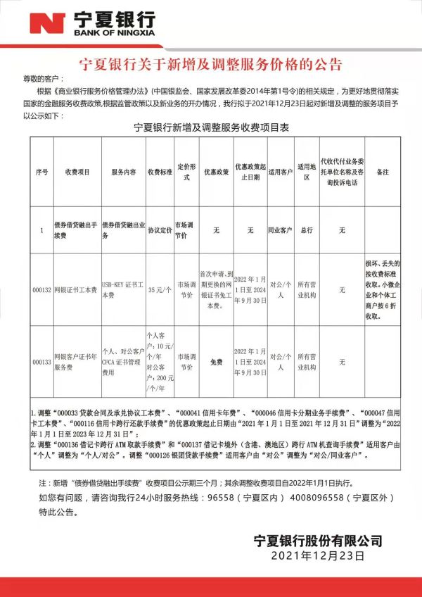 寧夏銀行關(guān)于新增及調(diào)整服務(wù)價(jià)格的公告
